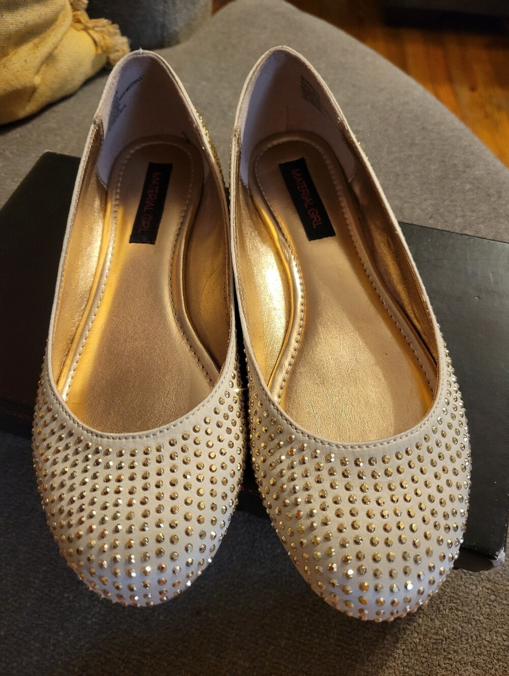 Beige And Gold Rhinestone Studded Flats Size 7